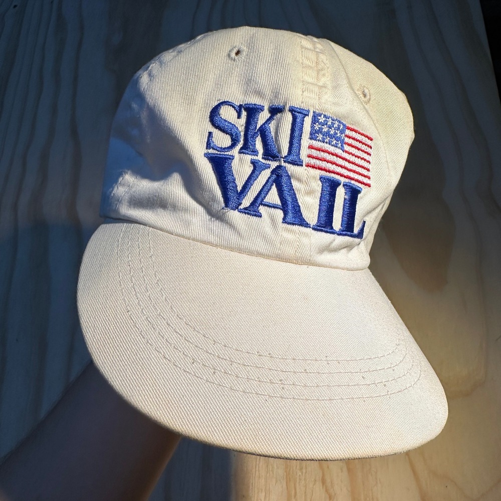 Vintage Ski Vail Hat Cream Adjustable Strap Back American Flag Embroidered Cap